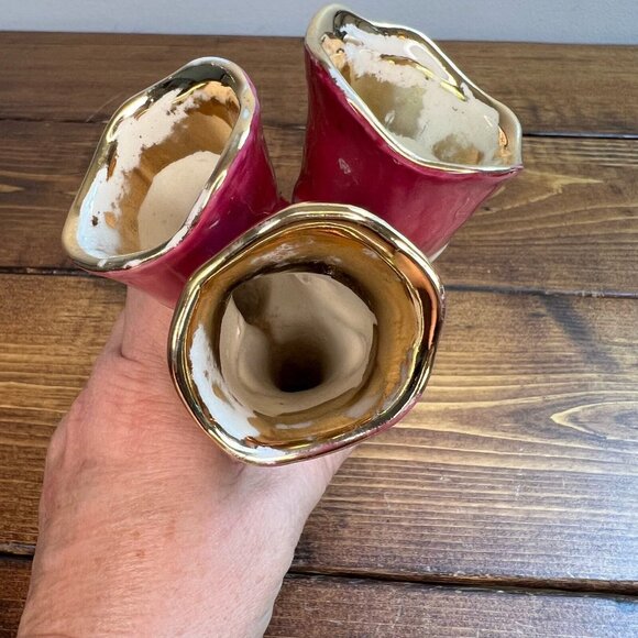 Vintage MCM Vase Pink Fuchsia Gold Lusterware Tricorn Mid Century Modern - Picture 5 of 11